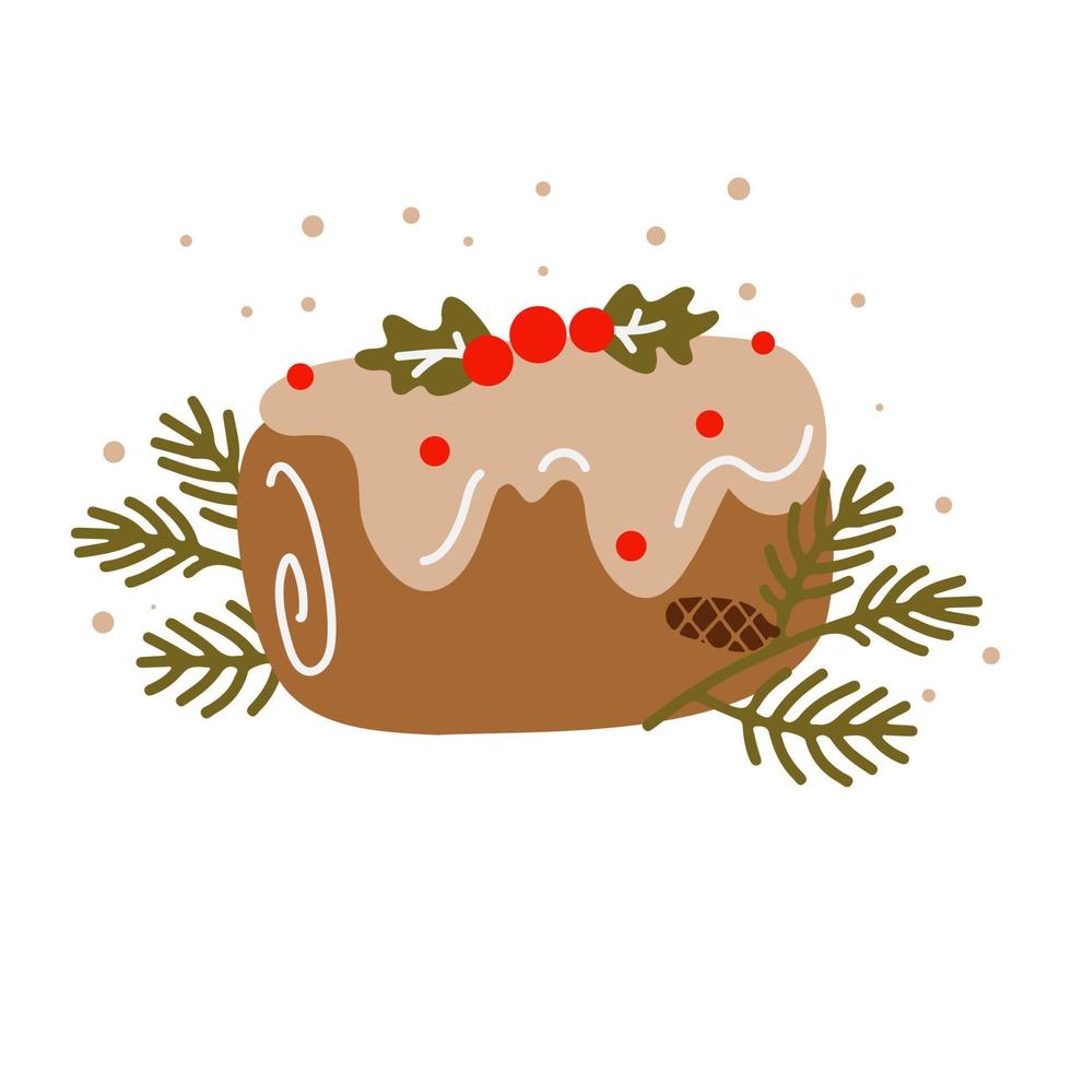 gâteau pudding de Noël. biscuit collant aux fruits secs et fruits confits et zestes d'agrumes. illustration vectorielle isolée. cuisson de noël. petit gâteau de dessin animé, gâteau. branches de sapin vecteur