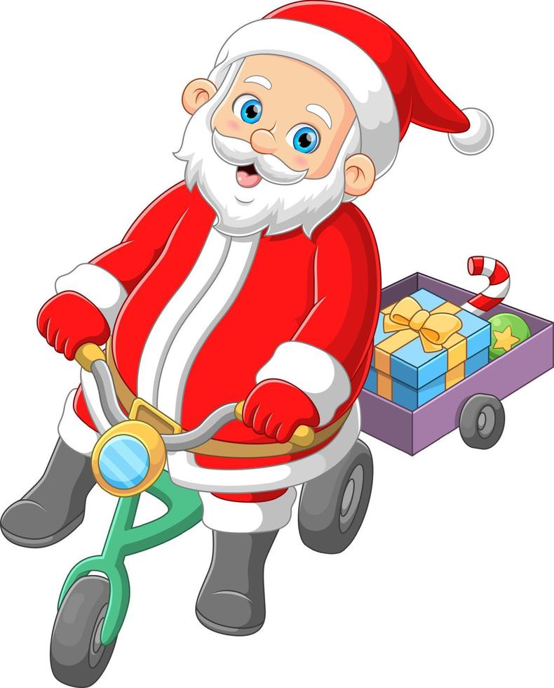 Père Noël à vélo et livraison cadeau de Noël vecteur