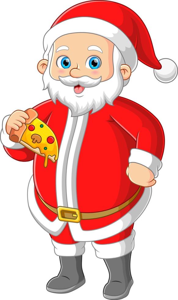 le père noël savoure une délicieuse tranche de pizza vecteur