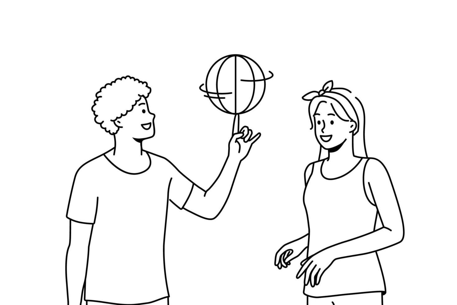 de joyeux amis multiraciaux s'amusent à jouer au basket à l'extérieur. un homme et une femme souriants apprécient le jeu sur l'aire de jeux. passe-temps et divertissement. illustration vectorielle. vecteur