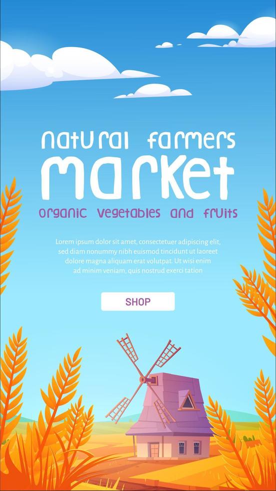 bannière web de dessin animé du marché fermier naturel, promo vecteur