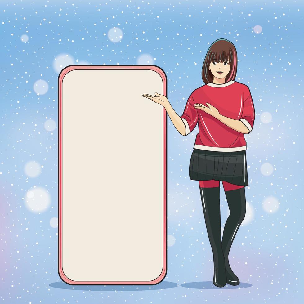 concept de noël publicitaire. jeune fille pointant sur l'écran montrant sur l'illustration vectorielle de gros téléphone portable téléchargement gratuit vecteur