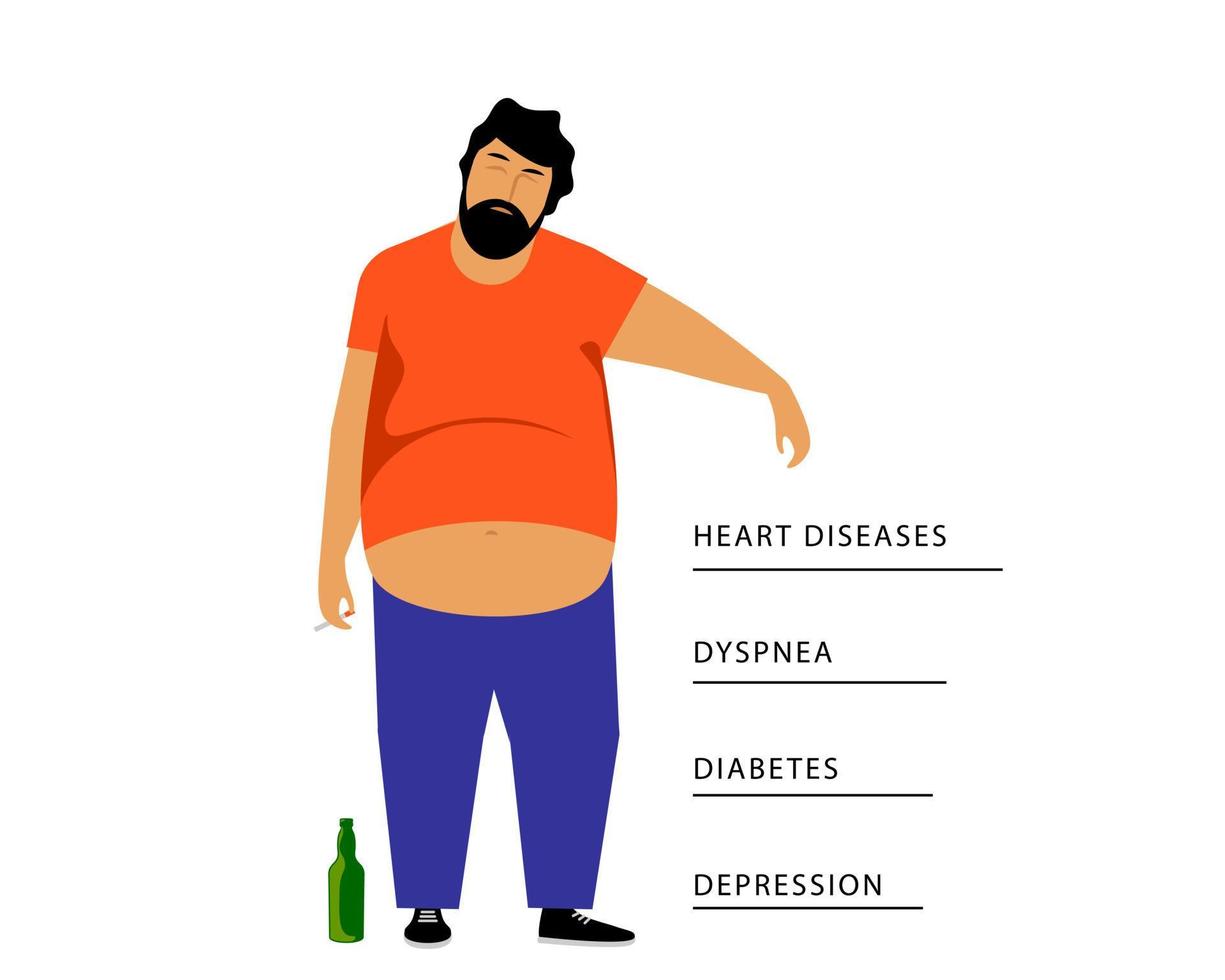 mauvaises habitudes pour la santé. homme en surpoids ivre avec une cigarette. modèle pour l'infographie et la publicité sociale. illustration vectorielle. vecteur