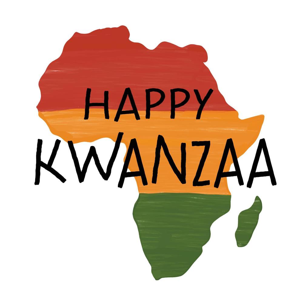 carte de voeux heureuse kwanzaa avec illustration vectorielle de carte texturée grunge dessinée à la main artistique du continent africain sur fond blanc. pinceau de couleur rouge, jaune, rayures vertes vecteur