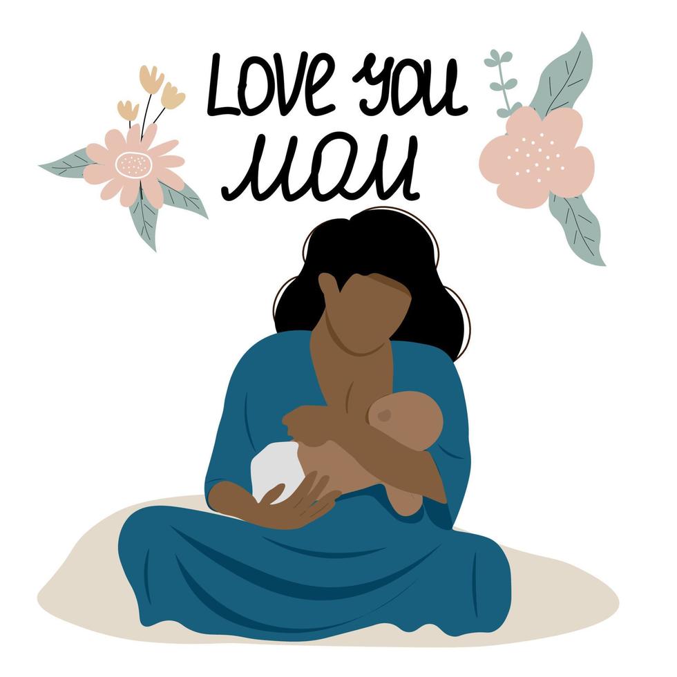 illustration de l'allaitement maternel, mère nourrissant un bébé au sein avec fond nature et feuilles. illustration vectorielle de concept en style cartoon. vecteur