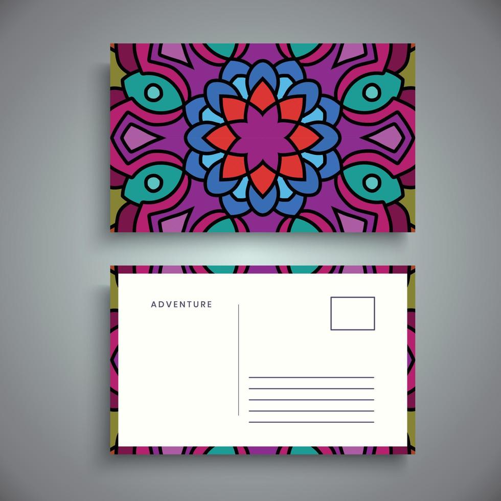 modèle de conception de carte postale avec mandala floral arabesque, éléments ornementaux floraux lumineux, modèle de fond vectoriel avec motif de mandala ornemental