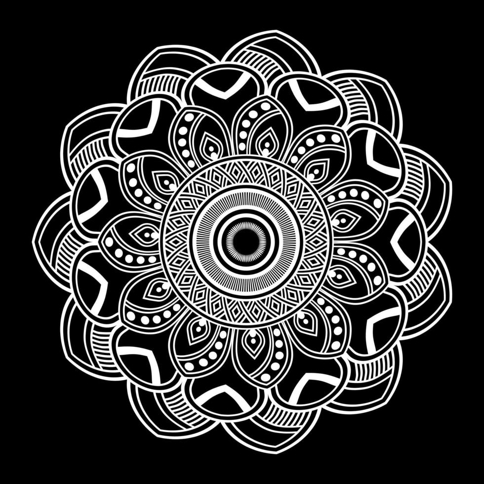 mandala blanc sur croquis de doodles au pochoir à motif noir, motifs d'ornement ronds pour le henné, mehndi, tatouage vecteur