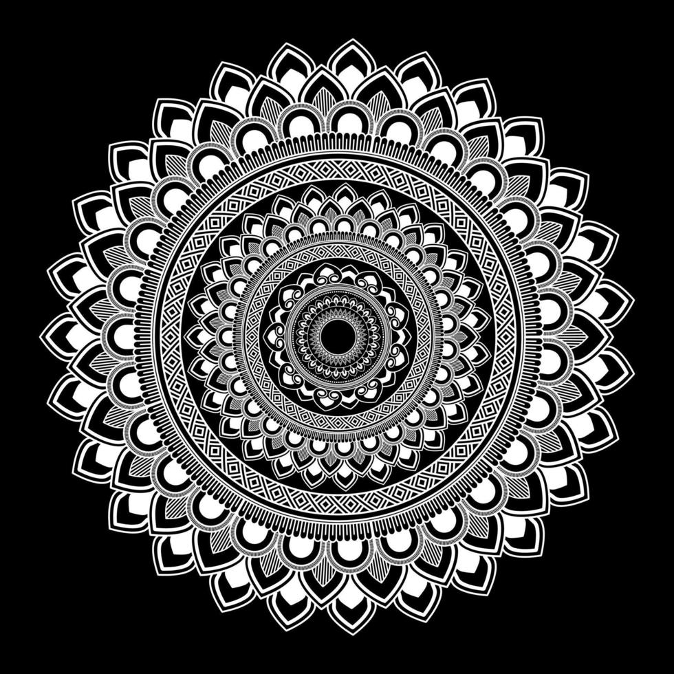 mandala blanc sur croquis de doodles au pochoir à motif noir, motifs d'ornement ronds pour le henné, mehndi, tatouage vecteur