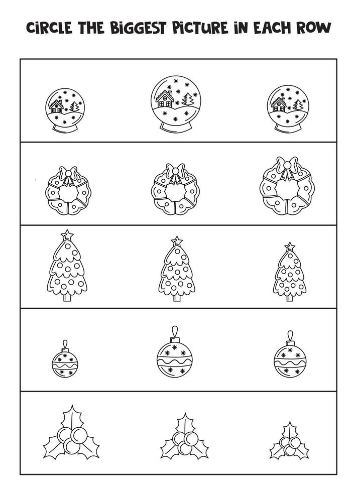 trouvez le plus grand élément de Noël dans chaque rangée. noir et blanc. vecteur