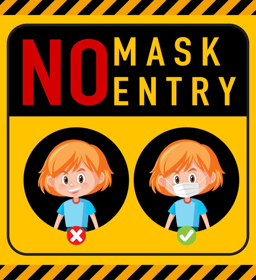 pas de masque, pas de panneau d'avertissement d'entrée avec personnage de dessin animé vecteur