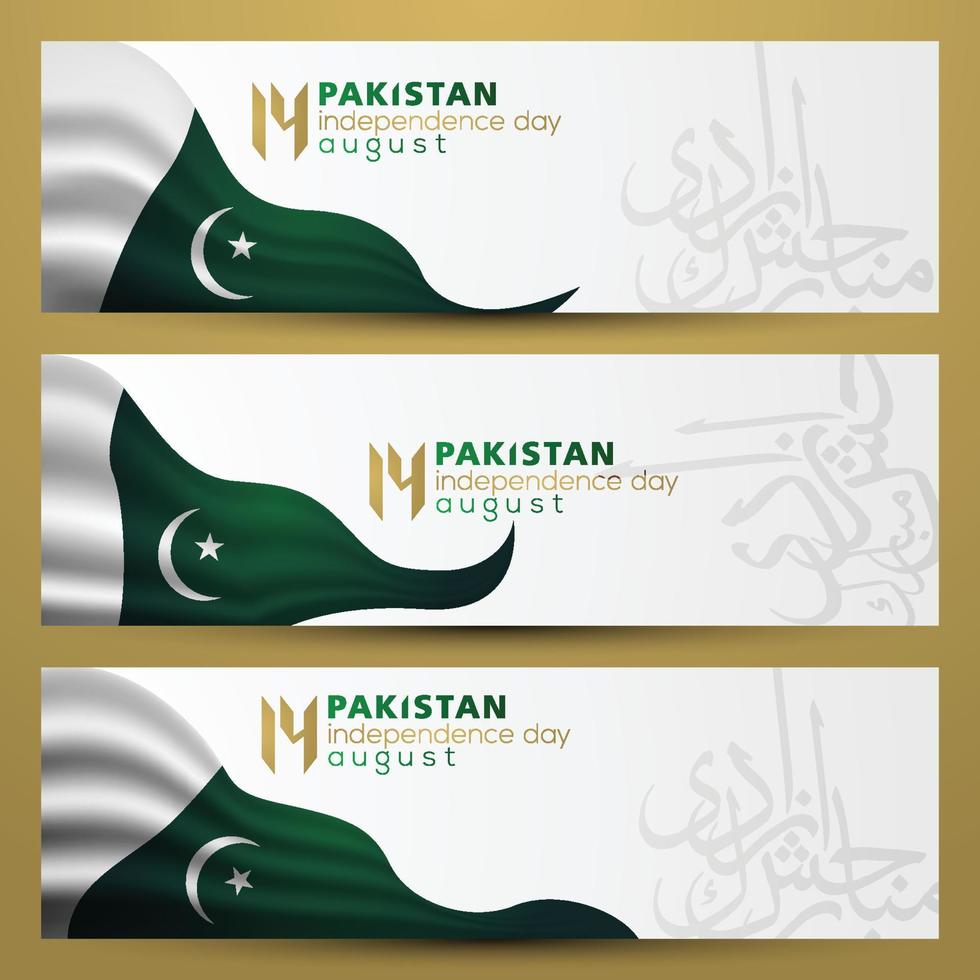 salutation fête de l'indépendance du pakistan 14 août création vectorielle d'arrière-plan avec calligraphie arabe, drapeau et motif floral. pour carte, bannière, papier peint, brosur, couverture et décoration vecteur