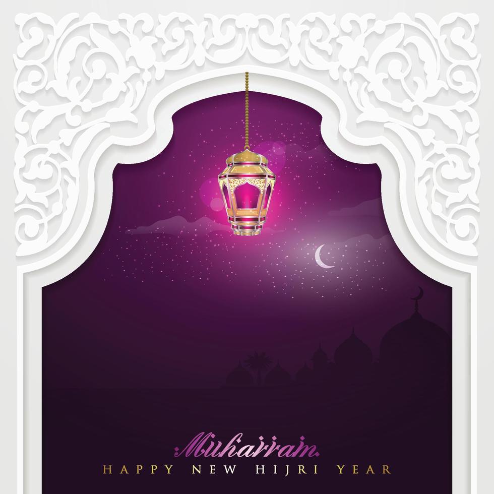 bonne année hijri muharram salutation conception de vecteur de fond islamique avec calligraphie arabe, croissant, lanterne et kaaba pour papier peint, bannière, couverture, brosur, illustration et décoration