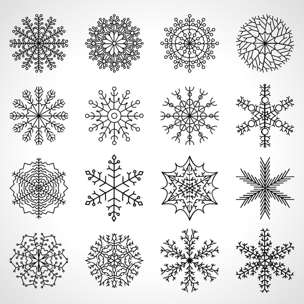 ensemble de seize flocons de neige. éléments de décoration de noël et du nouvel an. illustration vectorielle. vecteur