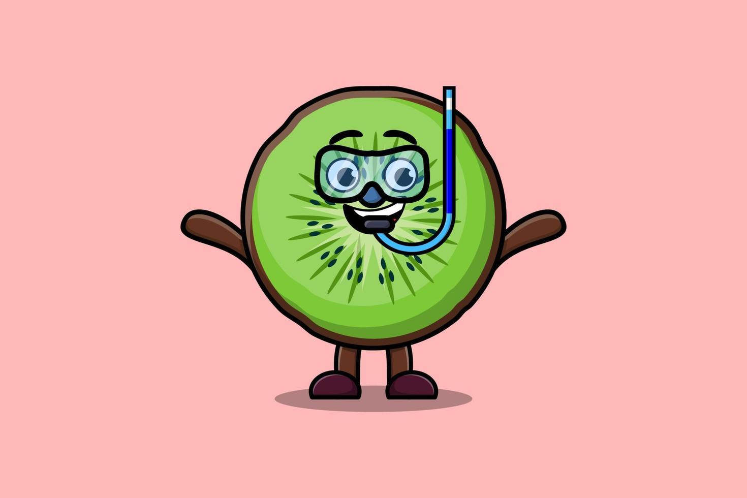 mignon dessin animé kiwi plongeur avec verre de natation vecteur