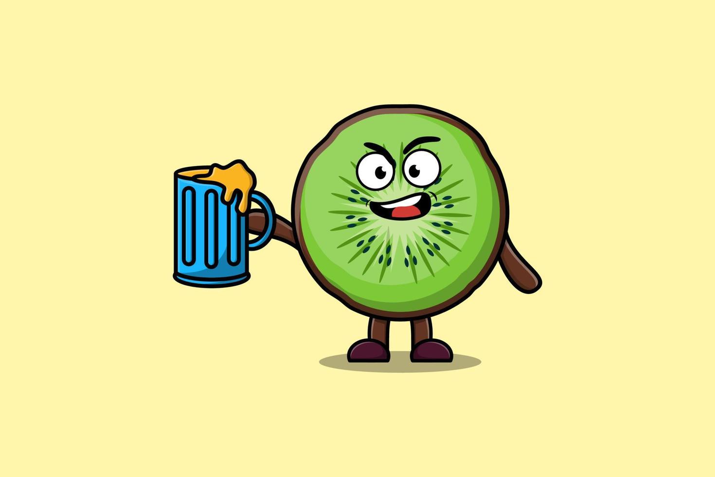 personnage de dessin animé mignon kiwi avec verre à bière vecteur