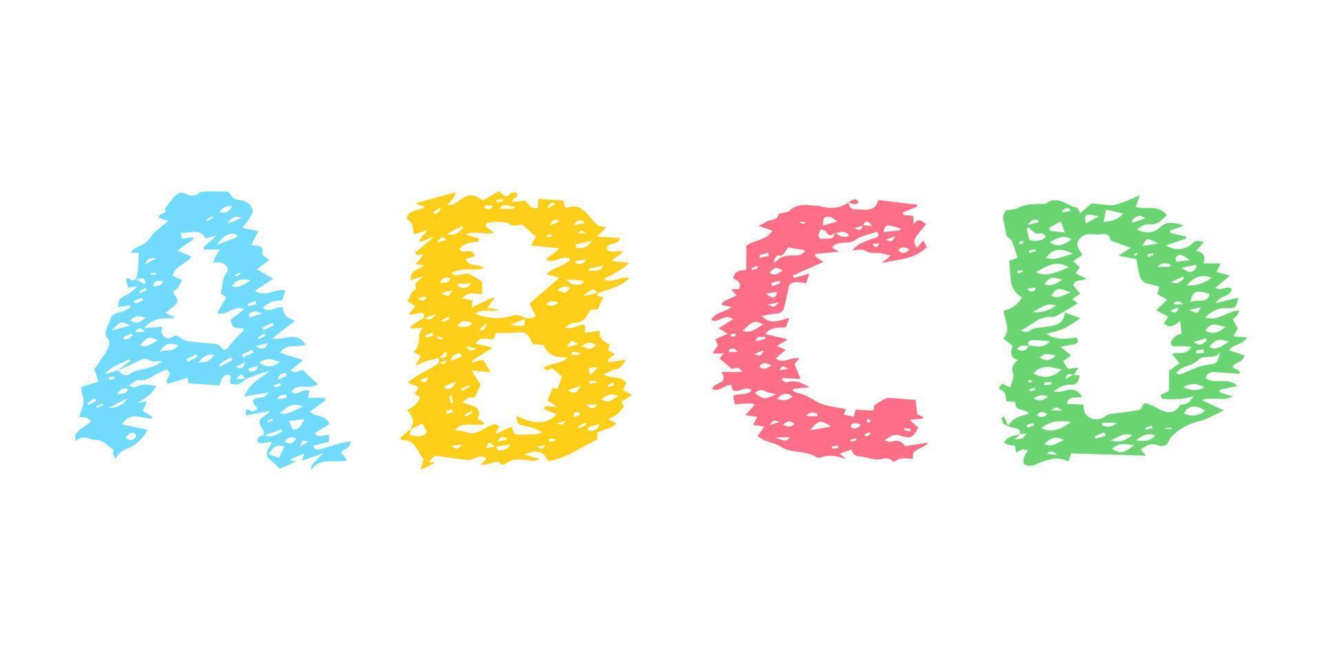 lettres de l'alphabet latin dessinées à la main abcd. police et police modernes majuscules. symboles multicolores sur fond blanc. illustration vectorielle. vecteur