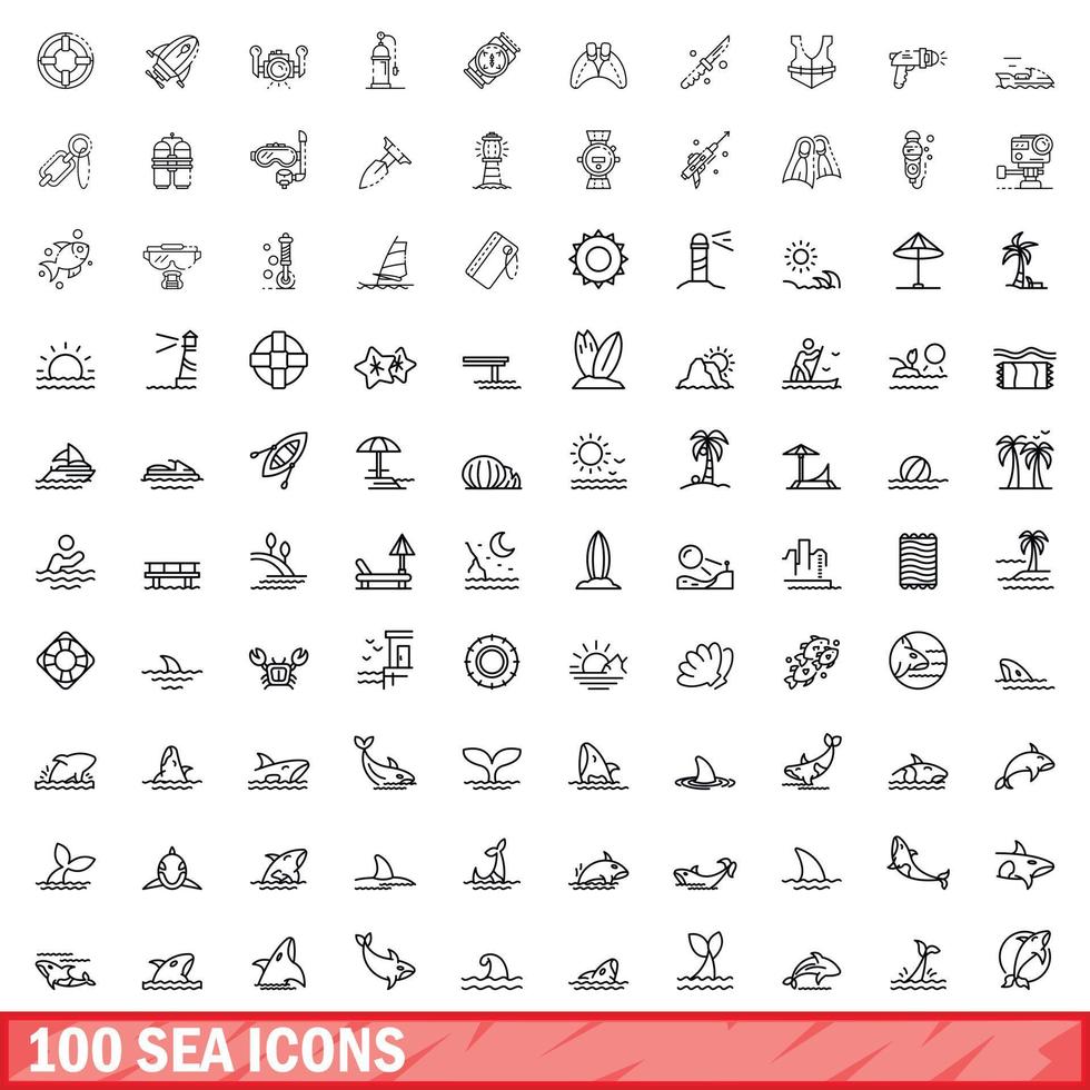 Ensemble de 100 icônes de la mer, style de contour vecteur