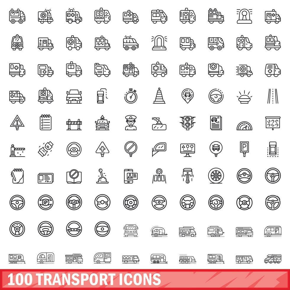 Ensemble de 100 icônes de transport, style de contour vecteur
