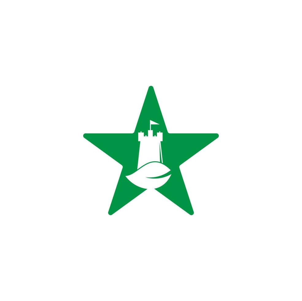 création de logo de concept de forme d'étoile de château et de feuille. tour et symbole ou icône écologique. vecteur de concept de conceptions de logo de château de nature