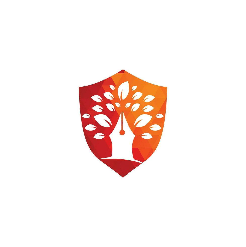 modèle de conception de logo de stylo arbre. logo de la communauté de l'éducation et des écrivains. création de logo d'entreprise créative de feuille d'arbre de stylo vecteur