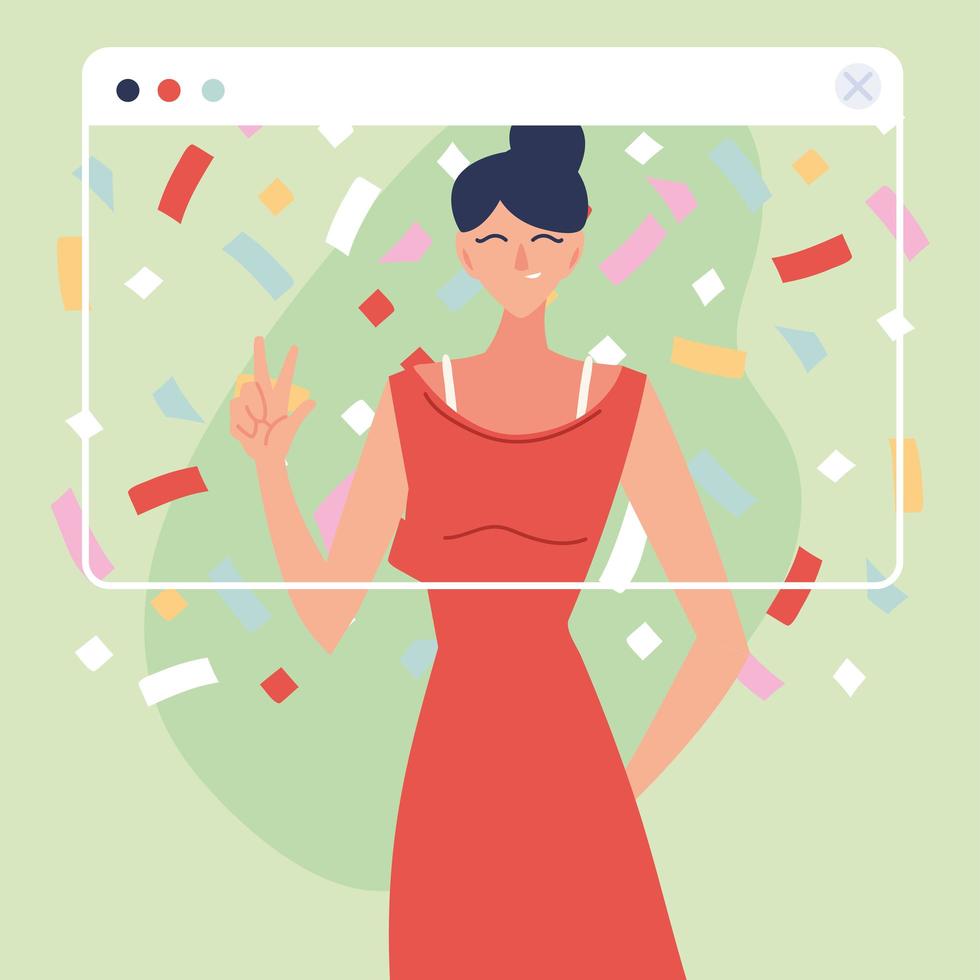 femme de fête virtuelle avec robe et confettis vecteur