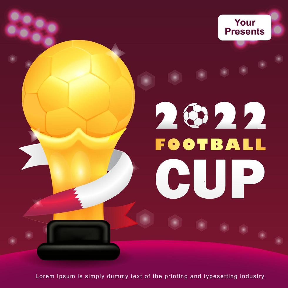 Coupe de football 2022, trophée de ballon d'or illustration 3d avec ruban vecteur