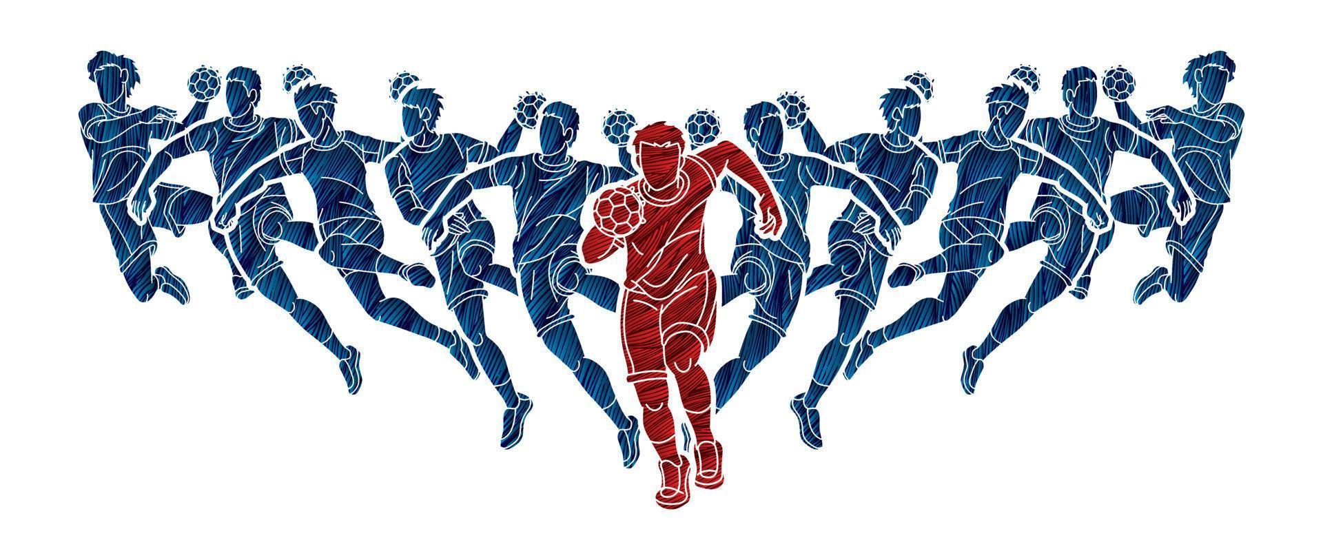 groupe de silhouette de joueurs masculins de sport de handball exécutant l'action vecteur