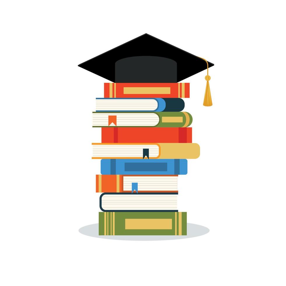 chapeau de graduation et livres. la notion d'éducation. pile de livres, casquette, chapeau. vecteur. vecteur