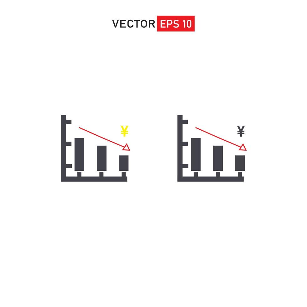 graphique vers le bas des icônes linéaires et silhouette noires. signe de ligne mince de faillite. icône graphique du yen japonais. forme d'icône de vecteur. graphique vers le bas symbole simple gros plan vecteur