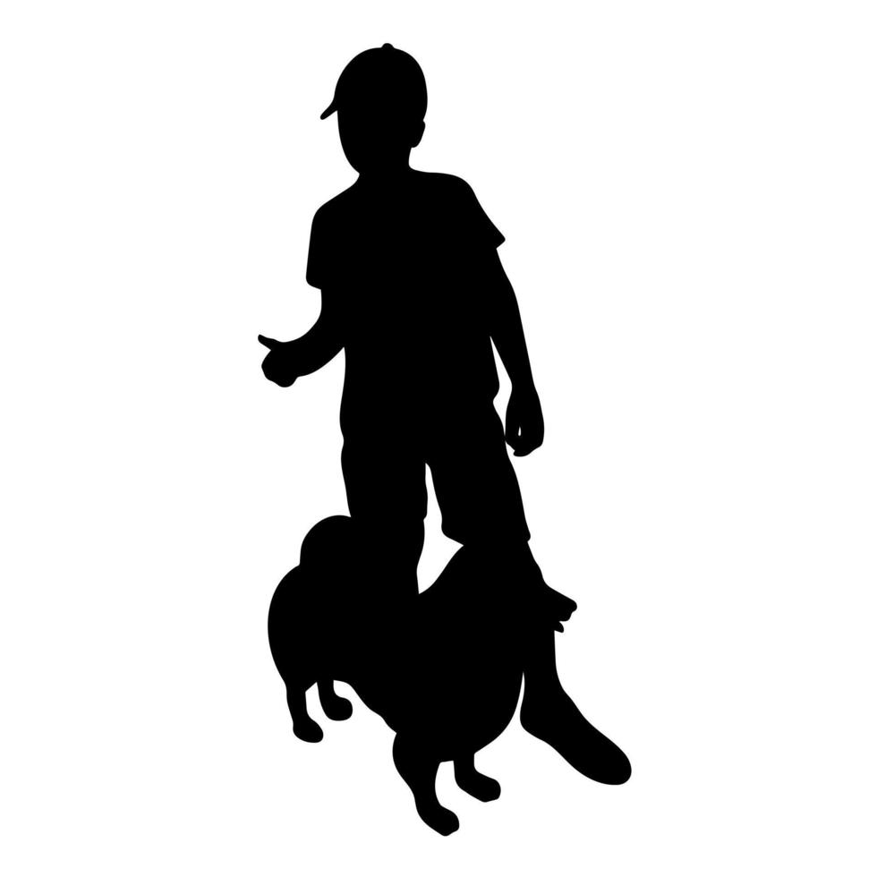 Garçon avec chien silhouette noire sur fond blanc vecteur