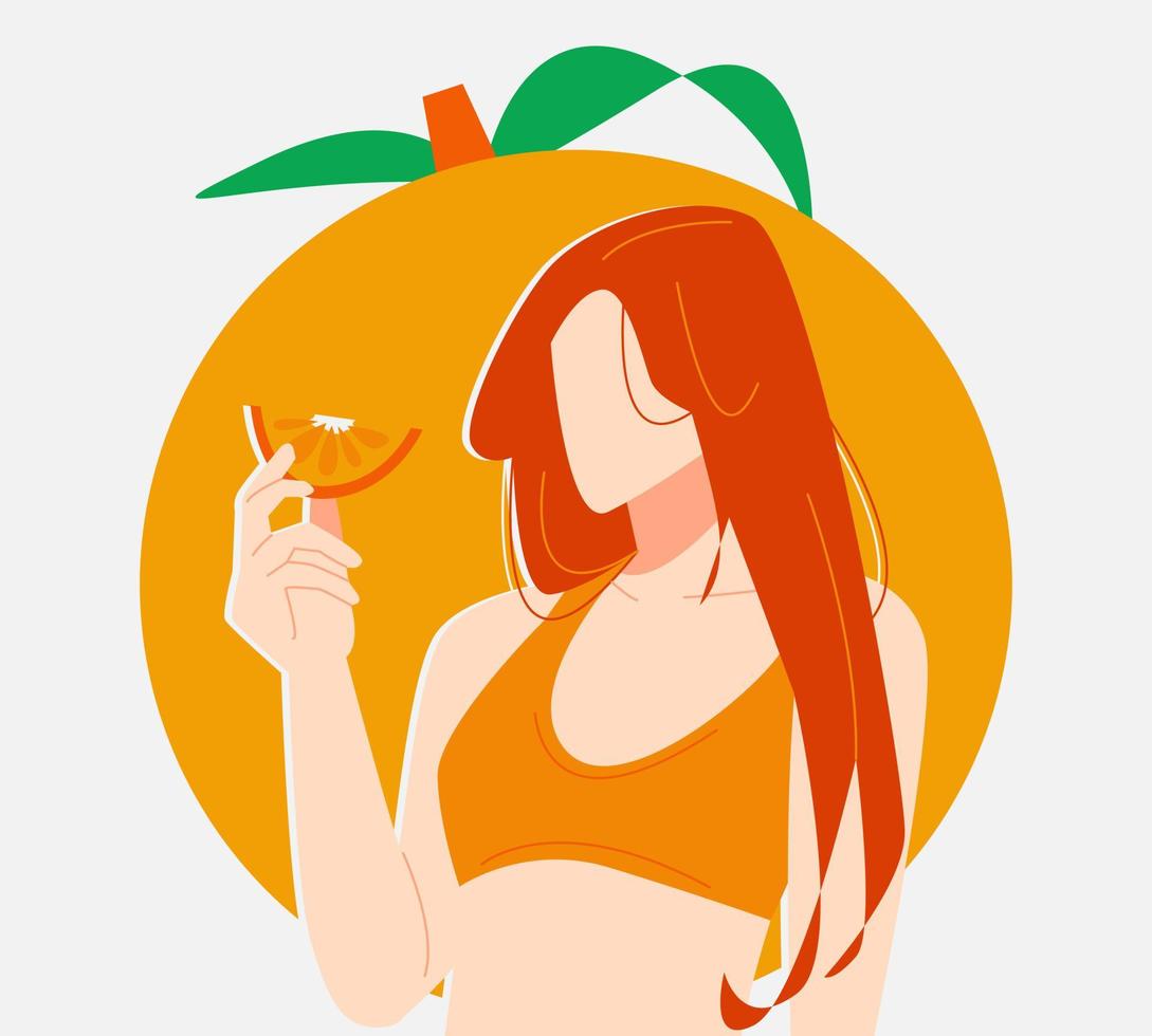 fille en robe orange tenant des fruits orange. fond orangé. adapté au thème des fruits, de la nourriture, de la santé, de la nature, etc. illustration vectorielle plane vecteur