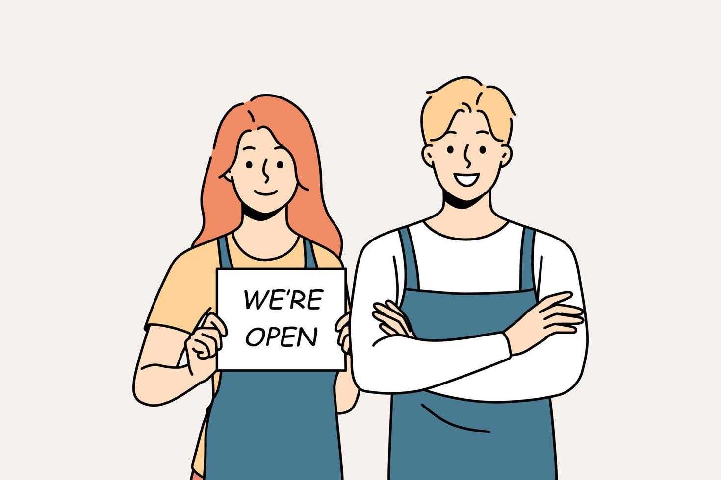 des serveurs souriants en tablier tiennent une pancarte ouverte. le personnel du café homme et femme heureux informe de l'ouverture du magasin. illustration vectorielle. vecteur