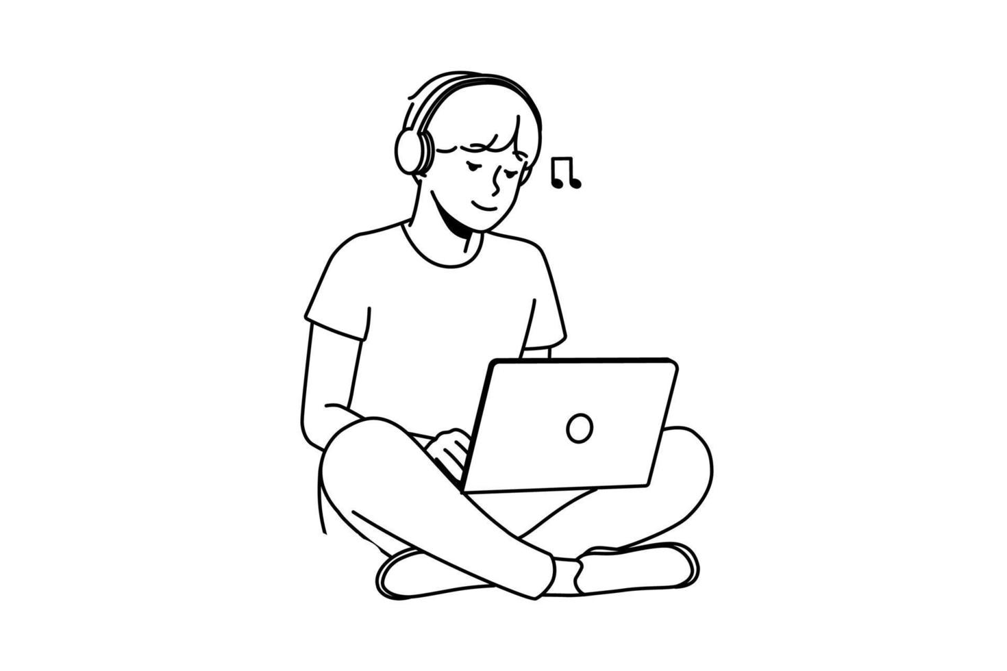 gars assis sur l'herbe à l'extérieur travaillant sur un ordinateur portable portant des écouteurs. homme heureux se détendre à l'extérieur avec un ordinateur écouter de la musique dans les écouteurs. illustration vectorielle. vecteur