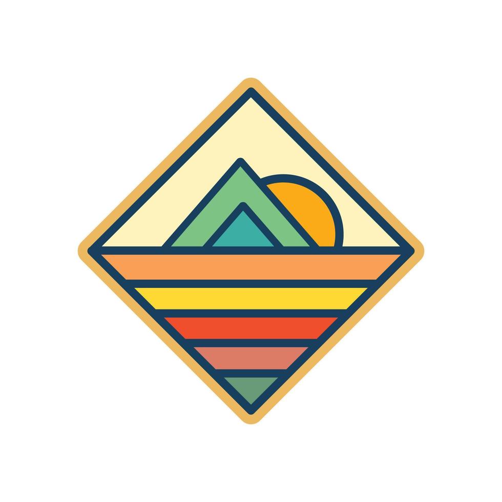 conception abstraite d'insigne de logo de montagne de plage de coucher du soleil. logo design icône illustration vectorielle vecteur