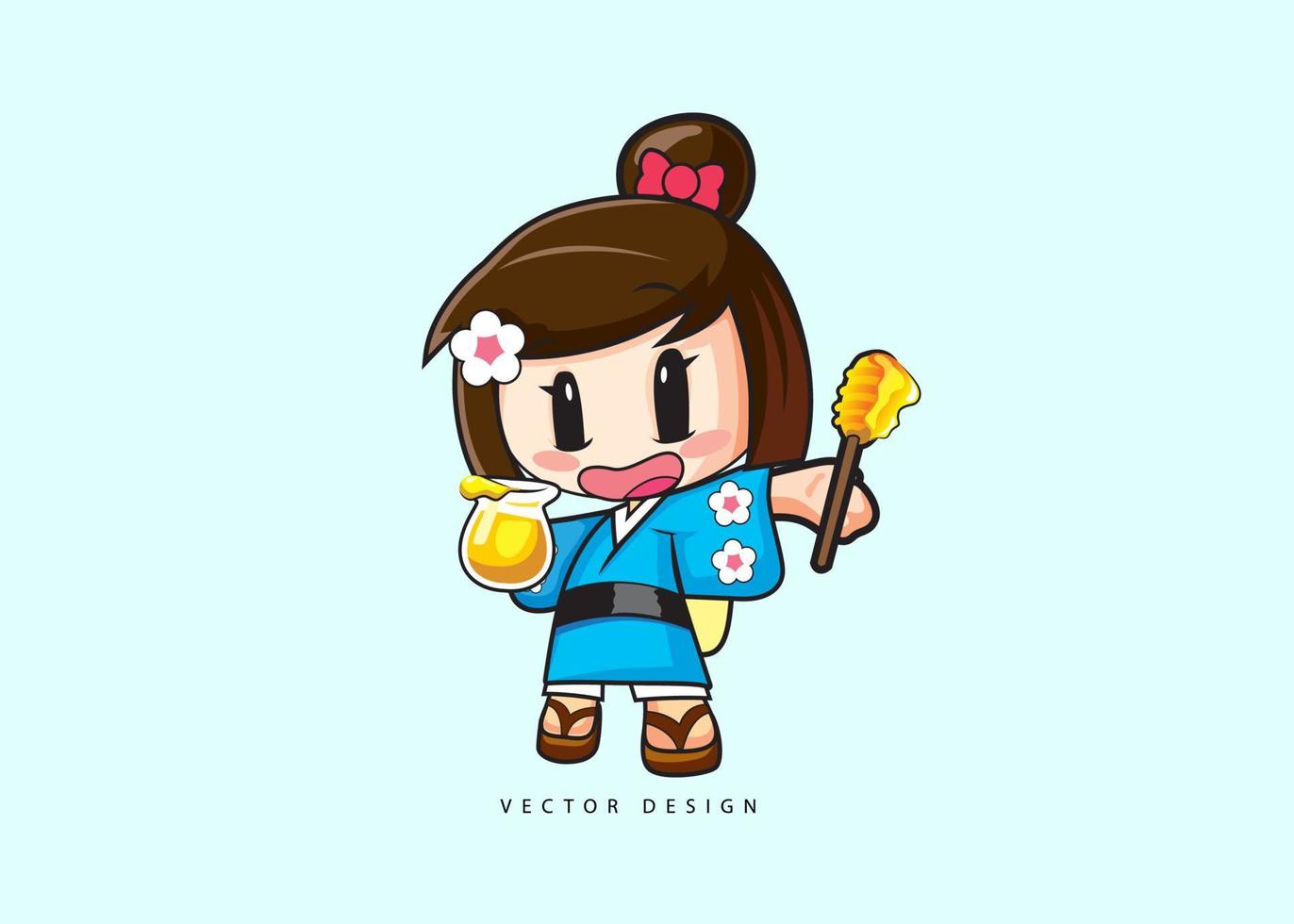 la conception mignonne de personnage d'anime avec le costume japonais apporte un pot de miel et un bâton de miel. chibi animé mignon. conception de personnage de vecteur
