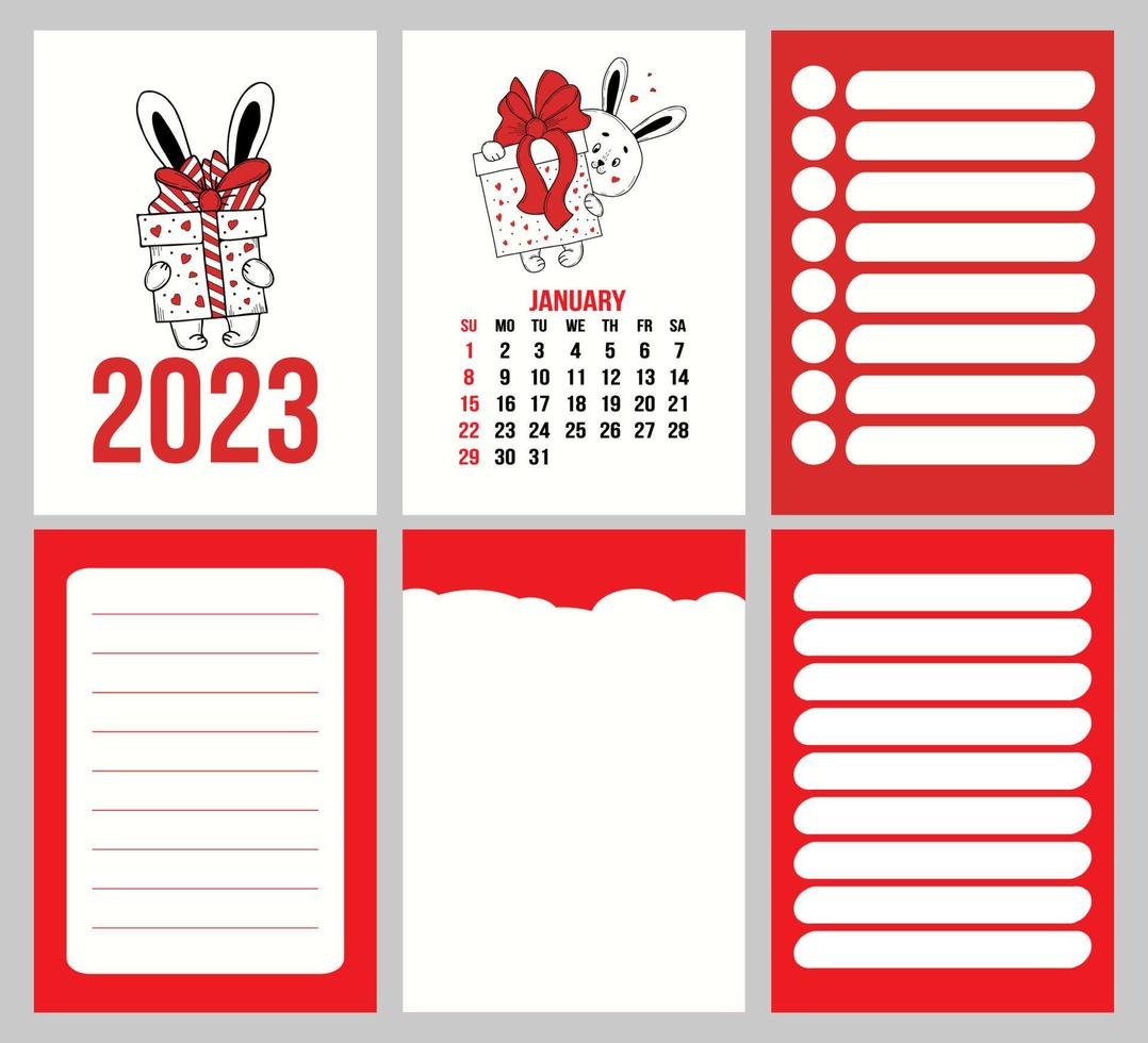 modèle de calendrier d'ensemble vertical pour janvier 2023 avec un lapin mignon avec des pages de cadeaux et de planificateur, des notes, une liste de tâches. illustration vectorielle. semaine à partir du dimanche. En anglais. année du lapin au calendrier chinois vecteur