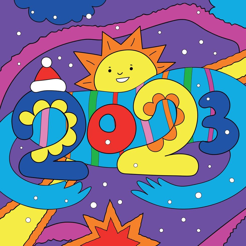 vecteur carré fou rétro affiche de noël et du nouvel an 2023. affiche funky psychédélique. soleil de dessin animé psychédélique et inscription 2023 style enfants naïfs