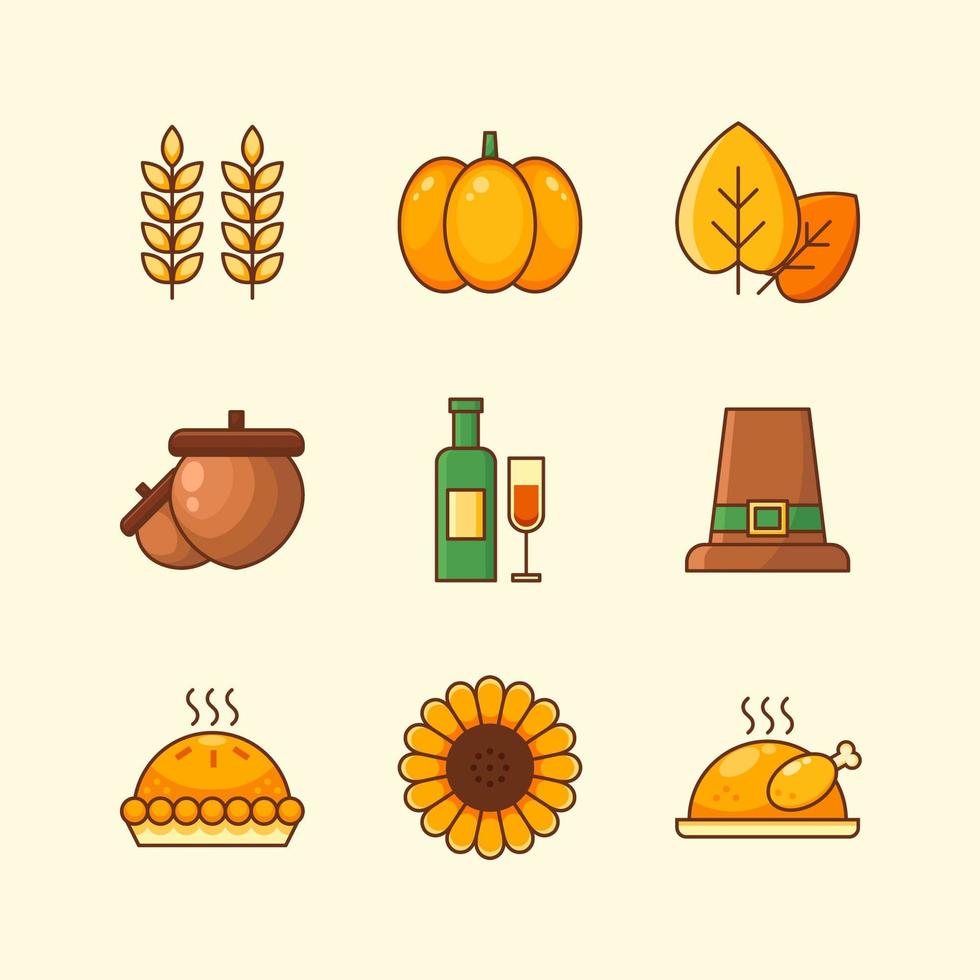 contour jeu d'icônes de Thanksgiving Day vecteur