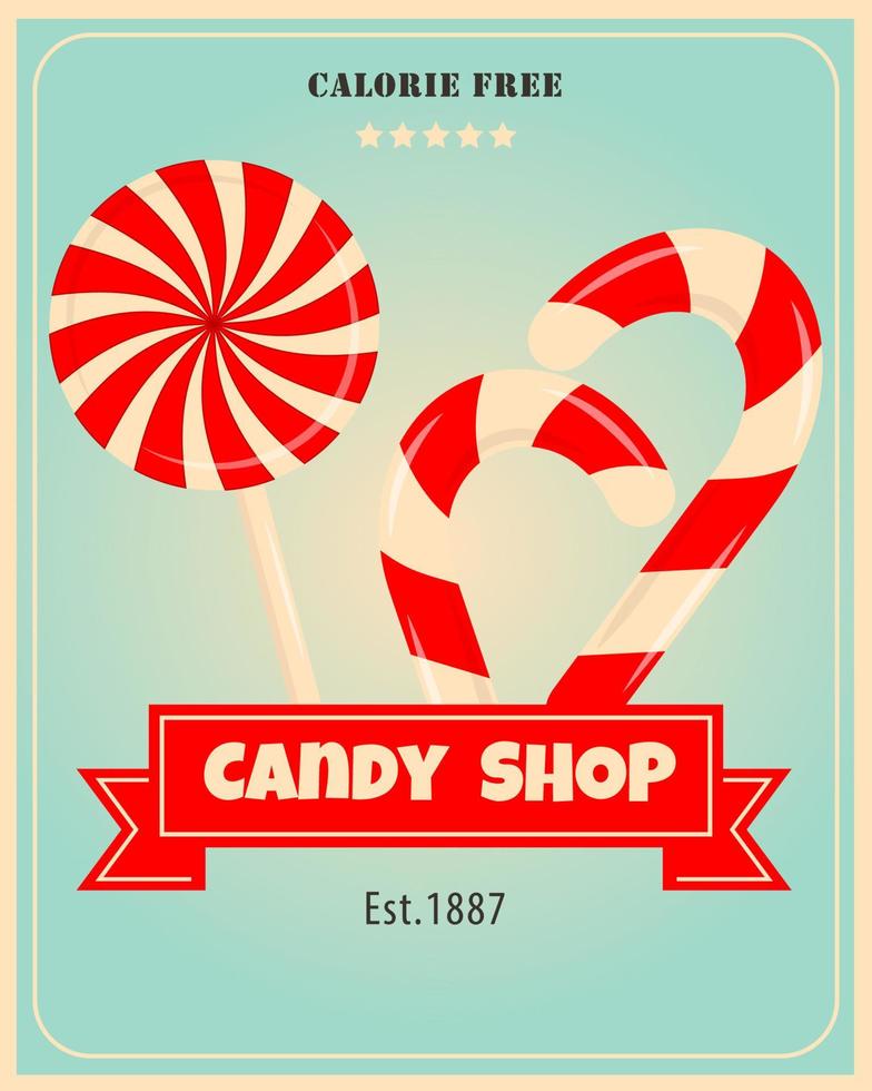 conception d'affiches rétro pour magasin de bonbons. thème de bannière vintage de bonbons. bannière promotionnelle pour bonbons, gâteaux et desserts. vecteur