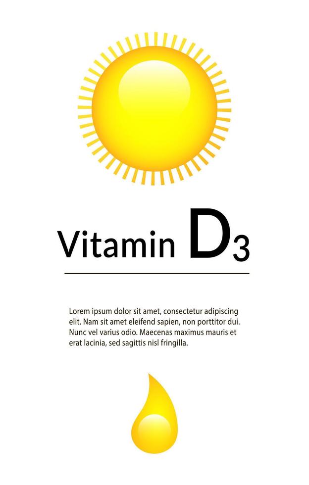 bannière verticale pour la publicité de la vitamine d. soleil brillant et goutte. publicité médicale. bannière vectorielle verticale. vecteur