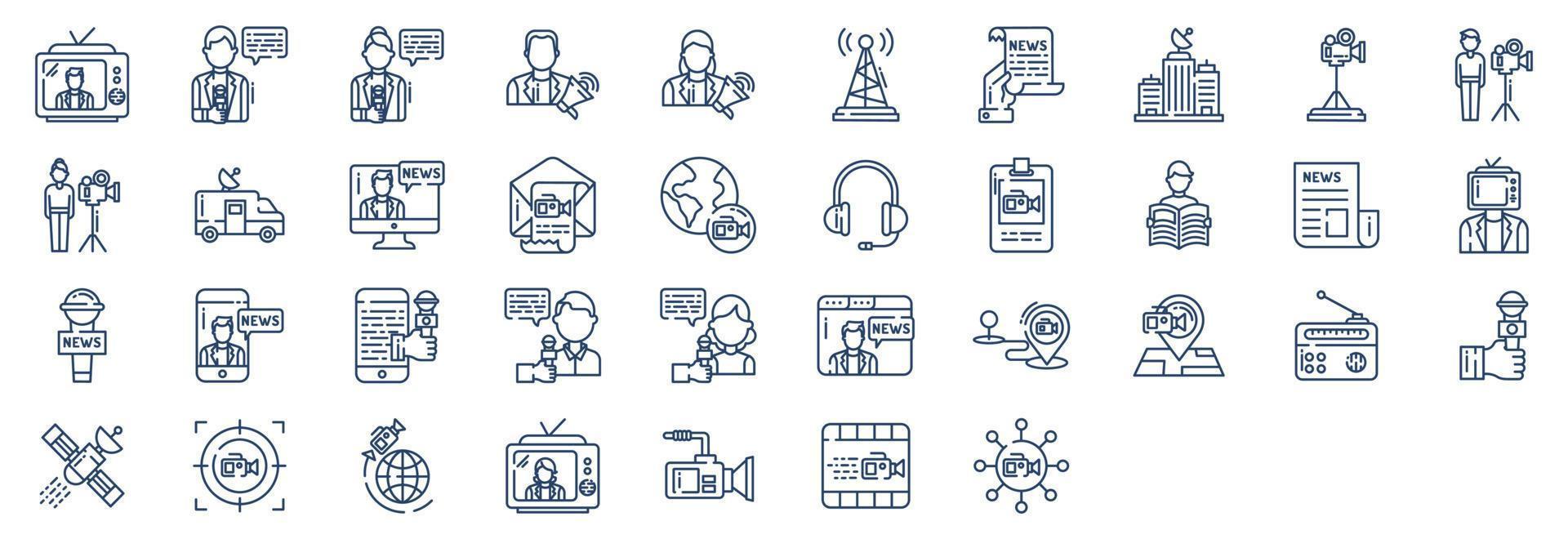 collection d'icônes liées aux actualités et aux médias, y compris des icônes telles que l'ancre, l'annonce, l'antenne, les archives, etc. illustrations vectorielles, ensemble parfait de pixels vecteur