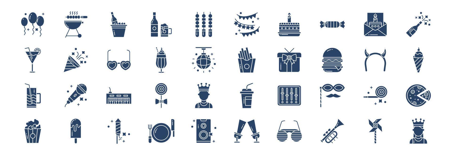 collection d'icônes liées à la fête et au nouvel an, y compris des icônes comme des ballons, un barbecue, une boîte à bière, un bruant et plus encore. illustrations vectorielles, ensemble parfait de pixels vecteur