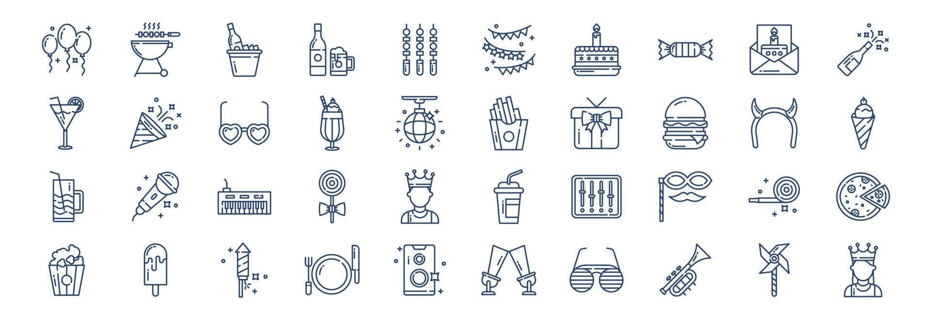 collection d'icônes liées à la fête et au nouvel an, y compris des icônes comme des ballons, un barbecue, une boîte à bière, un bruant et plus encore. illustrations vectorielles, ensemble parfait de pixels vecteur