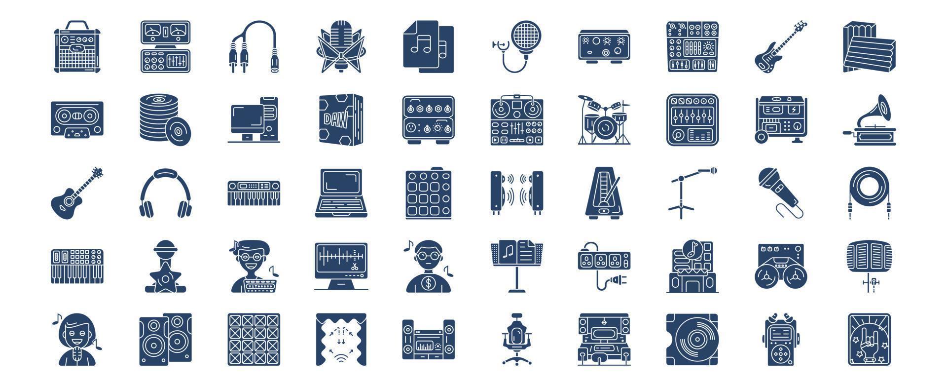 collection d'icônes liées au studio de musique, y compris des icônes comme la boîte d'amplificateur, l'amplificateur, les fichiers audio, la basse et plus encore. illustrations vectorielles, ensemble parfait de pixels vecteur