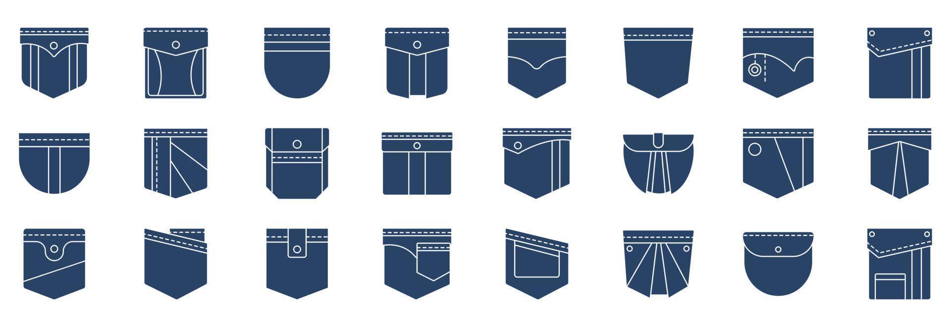 collection d'icônes liées aux poches, y compris des icônes comme le tissu, le design, les jeans et plus encore. illustrations vectorielles, ensemble parfait de pixels vecteur