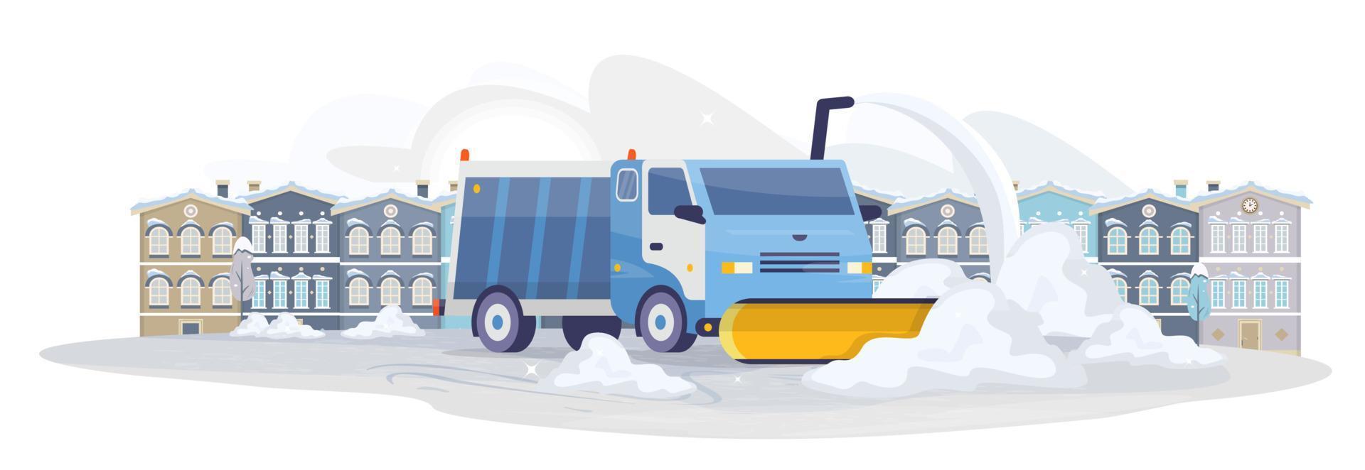 déneigement en ville. chasse-neige travaillant sur la route enneigée. camion de neige nettoyant les rues de la ville. travaux publics d'hiver sur le déneigement. illustration vectorielle plane horizontale. vecteur