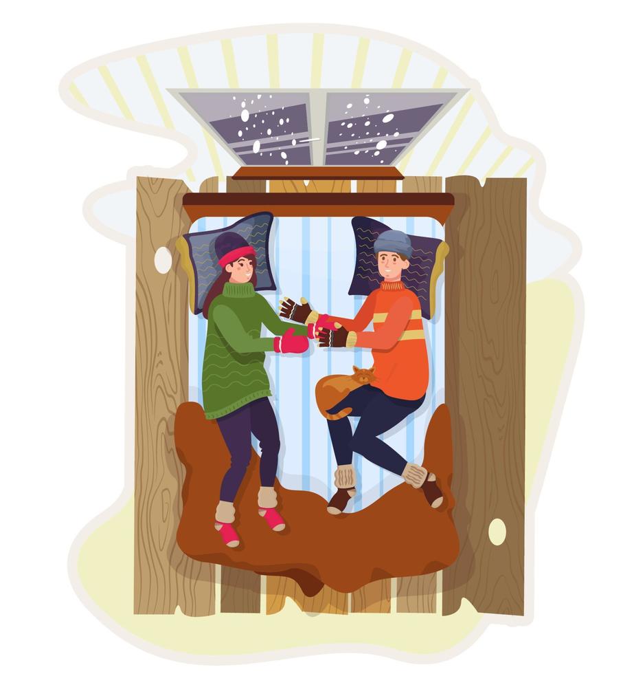 un homme et une femme portant des vêtements chauds gisaient au lit et gelaient à la maison. les gens qui dorment avec des chapeaux, des pulls et des chaussettes en hiver. appartement froid, plat. chauffage à la maison. illustration vectorielle. vecteur