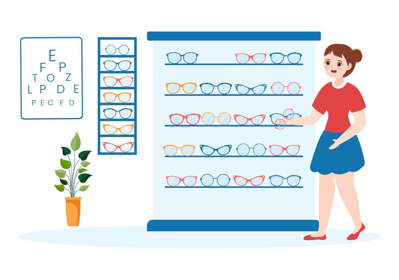 magasin de lunettes ou magasin d'optique avec accessoires, opticien, vérification de la vision et des lunettes en illustration de modèles dessinés à la main de dessin animé plat vecteur