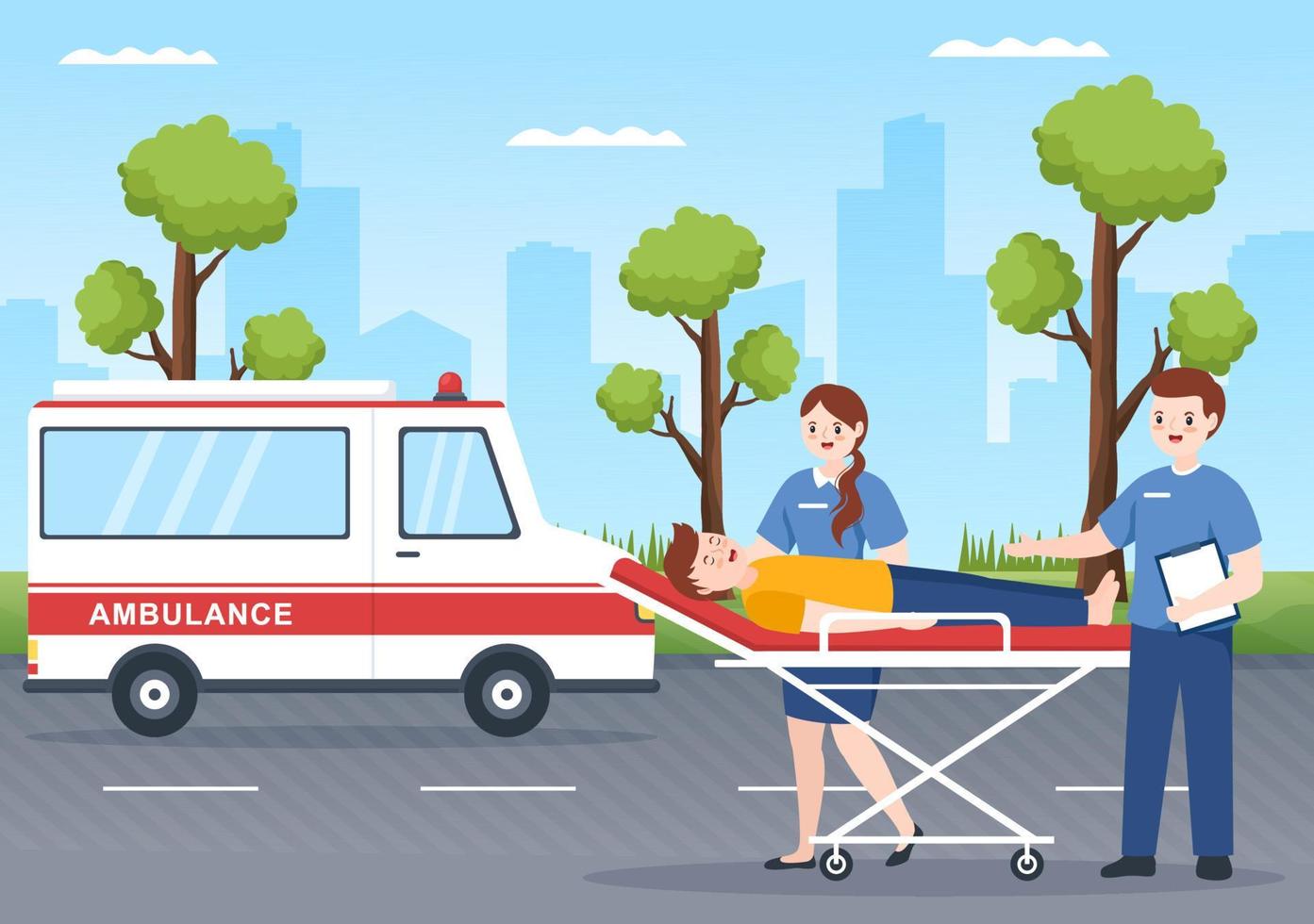 voiture d'ambulance de véhicule médical ou service d'urgence pour ramasser le patient blessé dans un accident en illustration de modèles dessinés à la main de dessin animé plat vecteur