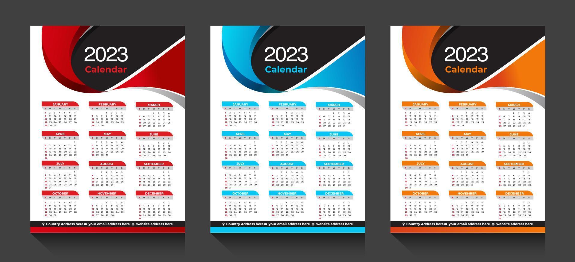 le vecteur de calendrier de l'année 2023 avec des formes abstraites et une conception de calendrier d'affaires minimal de couleur bleue pour la nouvelle année calendrier du nouvel an 2023 avec calcul du week-end la semaine commence le dimanche